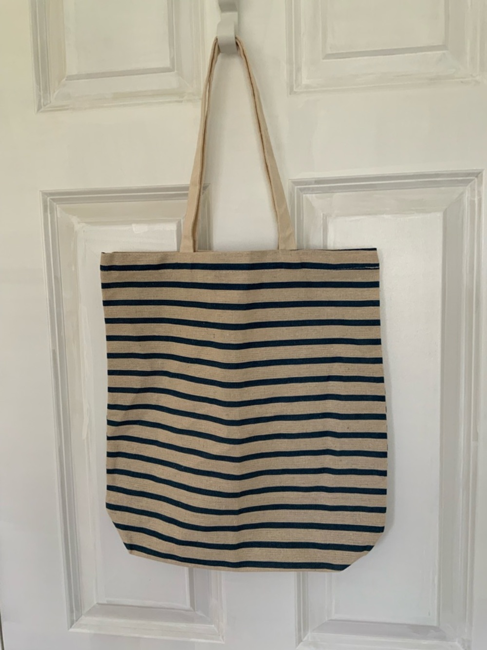 Canvas Stripe Tote Bag in Beige and Navy